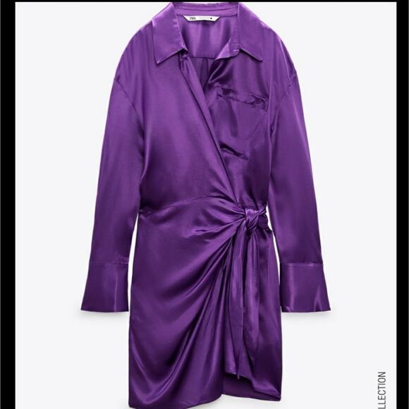Zara Purple Satin Effect Wrap Dress Long Sleeve Collar Slip Dress Size Small - Picture 6 of 11